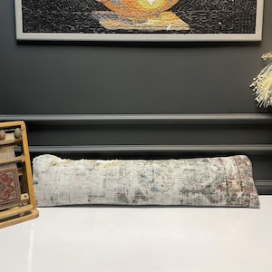 Antique Turkish Kilim Lumbar Pillow, Soft Neutral Rug Pillow, Extra Long Bench Cushion