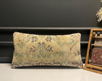 Beige Green Bench Pillow, Floral Anatolian Kilim Cushion, Neutral Boho Decor