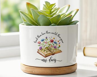 Personalized Teacher Plant Pot, Custom Name Succulent Planter, Floral Book Design, Teacher Appreciation Gift