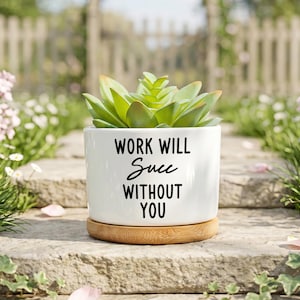 May include: A white ceramic planter with a bamboo base containing a green succulent. The front of the planter features black text that reads: WORK WILL Succ WITHOUT YOU. The design is simple, featuring a cylindrical shape and a natural wood tray.