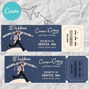 May include: Two concert tickets for Conan Gray's "Wishbone World Tour '26" with Esha Tewari. The tickets are navy blue with white text and a graphic of a person running. The tickets include the date, location, and seating information.