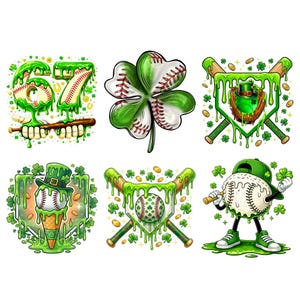 Puede incluir: Seis gráficos de béisbol con temática del Día de San Patricio. Cada gráfico presenta pelotas de béisbol, bates y tréboles en colores verde y blanco. Un gráfico muestra una pelota de béisbol con un sombrero de duende.