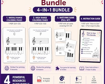 Treble Clef Note Bundle with Piano Coloring Sheets and Matching Game