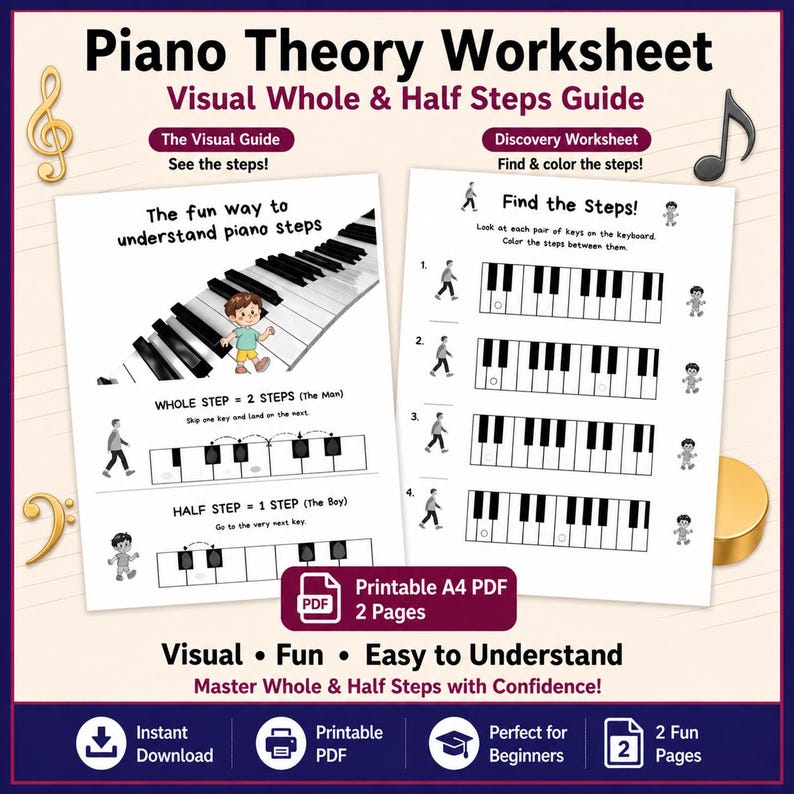 Whole and Half Steps Piano Worksheet: Visual Music Theory Beginner PDF ...