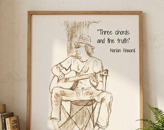 Guitarist Pencil Sketch Wall Art | "Three Chords and the Truth" Quote (Digital Download)