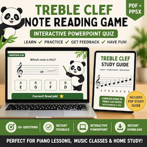 May include: A laptop and tablet display a Treble Clef Note Reading Game. The interactive PowerPoint quiz features a panda character and musical notation. The study guide includes a PDF and is perfect for piano lessons and music classes.