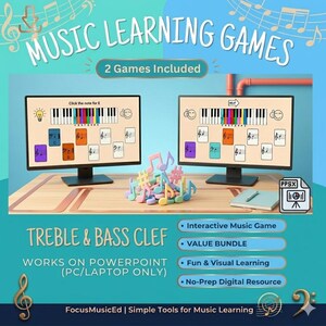 May include: A digital music learning game displayed on two computer monitors. The screens show piano keyboards and music notes. The text reads "MUSIC LEARNING GAMES" and "TREBLE & BASS CLEF". Colorful musical notes and a notepad are also visible.
