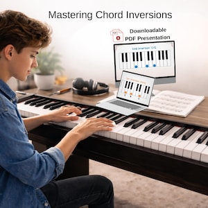 Puede incluir: Una persona tocando un piano blanco y negro. La imagen incluye el texto "Mastering Chord Inversions" y diagramas de acordes de piano en un monitor de computadora y una computadora portátil. También se ven auriculares y partituras.
