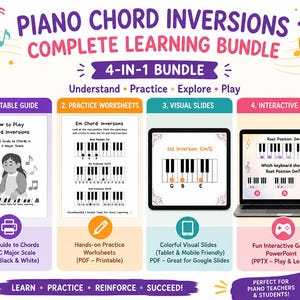 May include: A complete piano chord inversions learning bundle with a printable guide, practice worksheets, visual slides, and an interactive game. The bundle includes a visual guide, hands-on worksheets, colourful slides, and a PowerPoint game.