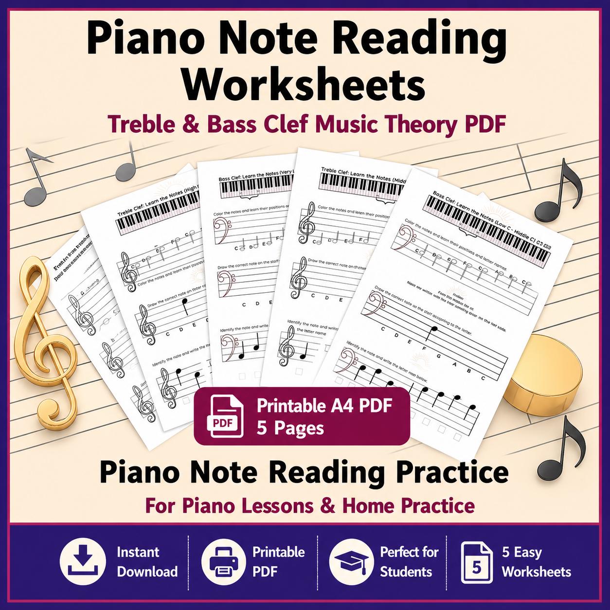 Step by Step Note Reading Worksheets: Treble and Bass Clef Practice Kit ...
