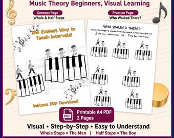 Piano Steps Worksheet: Music Theory Beginners, Visual Learning (Digital Download)