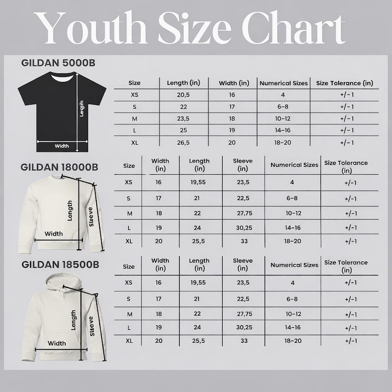 May include: Youth size chart for Gildan 5000B, 18000B, and 18500B apparel. Includes measurements in inches for length, width, and sleeve, along with numerical sizes and size tolerance. Features diagrams of t-shirt, sweatshirt, and hoodie.