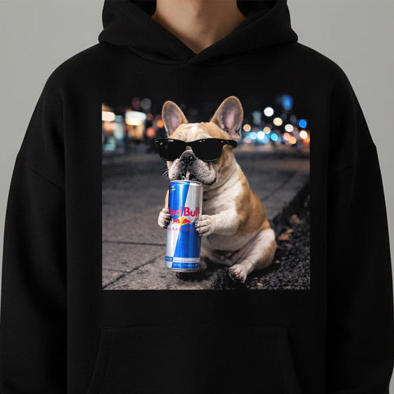 May include: Black hoodie featuring a graphic of a French Bulldog wearing sunglasses and holding a Red Bull can. The dog is tan and white, set against a blurred city background. The hoodie has a front pocket and a hood.