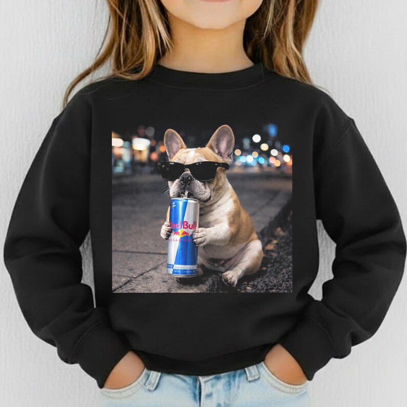 May include: Black sweatshirt featuring a graphic of a French Bulldog wearing sunglasses and drinking from a Red Bull can. The dog is tan and white, set against a blurred street scene with lights.