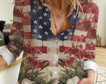 Vintage Floral American Flag Blouse, 4th of July Patriotic Button Down Shirt, Rustic Americana Boho Linen Top, Country Casual Women Clothing