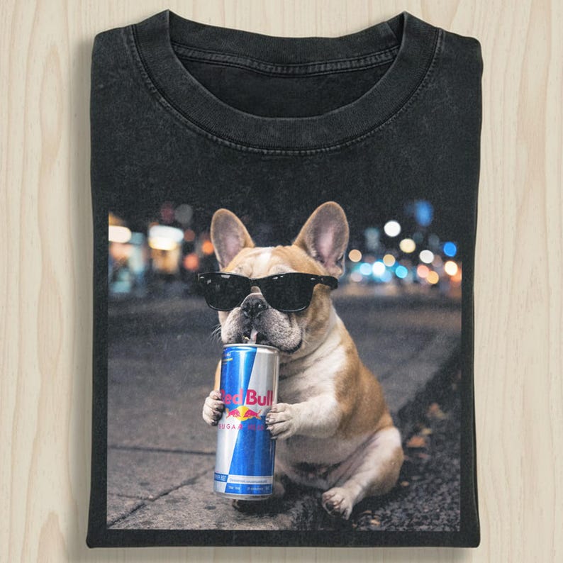 May include: Black t-shirt featuring a French Bulldog wearing sunglasses and holding a Red Bull can. The dog is tan and white, with black sunglasses. The Red Bull can is blue and silver. The background shows blurred city lights.