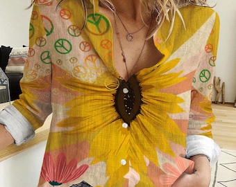 Retro Sunflower Peace Sign Blouse, Vintage 70s Hippie Button Down Shirt, Boho Floral Graphic Top, Groovy Casual Women Linen Clothing