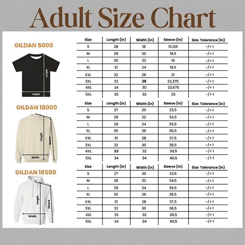 May include: An adult size chart for Gildan brand apparel, including t-shirts, sweatshirts, and hoodies. The chart displays measurements in inches for length, width, and sleeve length, with size tolerance information. The chart includes Gildan 5000, 18000, and 18500 styles.