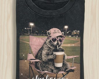 Comfort Colors® Raccoon I live Here Now Shirt, Raccoon Drinking Iced Coffee Shirt, Ballfield Dark Shirt, Baseball field, Baseball Mama Tee