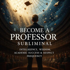 May include: An image with the text "BECOME A PROFESSOR SUBLIMINAL" in large white letters. A person in a suit stands facing away from the viewer, looking towards a bright light. Floating books and letters fill the background, with the words "INTELLIGENCE, WISDOM, ACADEMIC SUCCESS & RESPECT FREQUENCY" below.