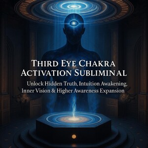 May include: A digital illustration featuring a silhouetted figure with a glowing third eye, radiating blue light. The text reads "THIRD EYE CHAKRA ACTIVATION SUBLIMINAL" with additional text about unlocking intuition and inner vision.