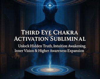 May include: A digital illustration featuring a silhouetted figure with a glowing third eye, radiating blue light. The text reads "THIRD EYE CHAKRA ACTIVATION SUBLIMINAL" with additional text about unlocking intuition and inner vision.