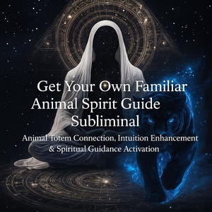 May include: Digital art featuring a hooded figure in white, seated in meditation, with a black panther on the right. The image has a cosmic background with text that reads "Get Your Own Familiar Animal Spirit Guide Subliminal."