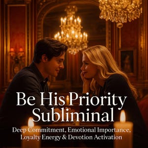 Puede incluir: Imagen romántica de un hombre y una mujer mirándose, en un ambiente cálido e iluminado con velas. El texto "Be His Priority Subliminal" se muestra de forma destacada, junto con las frases "Deep Commitment, Emotional Importance, Loyalty Energy & Devotion Activation."