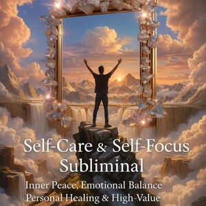 May include: A digital art image features a person standing on a rock with arms raised, framed by a golden archway. The background shows a sunset over mountains and waterfalls. Text reads "Self-Care & Self-Focus Subliminal".