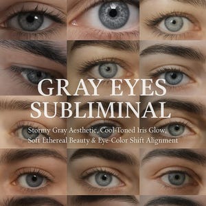 Op de afbeelding: Een collage van close-up beelden van grijze ogen. De tekst "GRAY EYES SUBLIMINAL" is over de afbeelding geplaatst. Extra tekst luidt "Stormy Gray Aesthetic, Cool-Toned Iris Glow, Soft Ethereal Beauty & Eye-Color Shift Alignment."