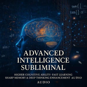 May include: Digital artwork featuring a blue silhouette of a person's profile with a glowing brain. The text "ADVANCED INTELLIGENCE SUBLIMINAL" is prominently displayed, along with supporting text about cognitive ability, learning, memory, and audio.