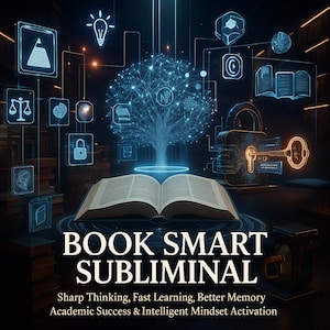 Puede incluir: Ilustración digital con un libro abierto y el texto "BOOK SMART SUBLIMINAL". La imagen presenta una red en forma de cerebro brillante, una cerradura con una llave y varios iconos, todo en tonos azules y dorados. El texto debajo del título dice "Sharp Thinking, Fast Learning, Better Memory, Academic Success & Intelligent Mindset Activation."