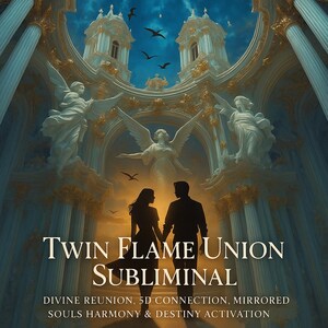 Può includere: Illustrazione digitale artistica con una coppia in silhouette sullo sfondo di un design architettonico celeste. L'immagine include il testo "Twin Flame Union Subliminal" e altre frasi correlate, con angeli e uccelli nel cielo.