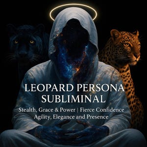 May include: Digital art featuring a hooded figure with a cosmic face, flanked by a black panther and a leopard. The text reads "LEOPARD PERSONA SUBLIMINAL" with additional text about stealth, grace, and power.