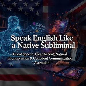 May include: An image promoting English language learning. The text reads "Speak English Like a Native Subliminal." Additional text highlights fluent speech, clear accent, natural pronunciation, and confident communication.