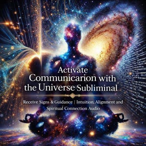 May include: Digital art featuring a figure in a meditative pose, composed of cosmic elements. The image has a dark background with text that reads "Activate Communication with the Universe Subliminal". Additional text mentions receiving signs, guidance, intuition, alignment, and spiritual connection audio.