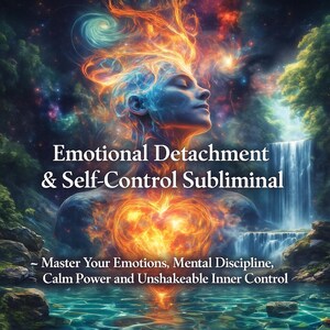 Puede incluir: Ilustración digital de una persona con los ojos cerrados, rodeada de energía naranja y azul. El texto dice "Emotional Detachment & Self-Control Subliminal" y "Master Your Emotions, Mental Discipline, Calm Power and Unshakeable Inner Control."