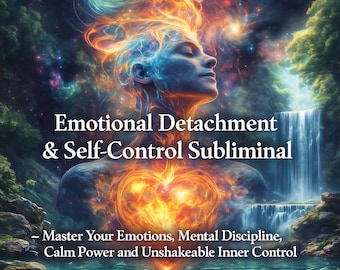 May include: Digital art featuring a person with closed eyes, surrounded by swirling orange and blue energy. Text reads "Emotional Detachment & Self-Control Subliminal" and "Master Your Emotions, Mental Discipline, Calm Power and Unshakeable Inner Control."