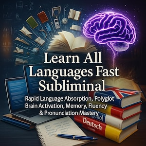 May include: An image promoting language learning, with a glowing purple brain, open books, and a laptop. Text reads "Learn All Languages Fast Subliminal" with additional text about rapid language absorption and pronunciation mastery. Books with flags are stacked.