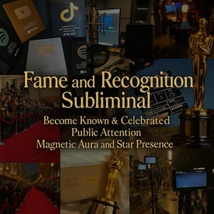 May include: A collage featuring awards, a red carpet, and film production equipment. Text overlay reads "Fame and Recognition Subliminal" with phrases like "Become Known & Celebrated" and "Magnetic Aura and Star Presence."