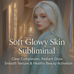Könnte beinhalten: Eine künstlerische Darstellung einer Frau mit langem, fließendem, weißem Haar und einem mit Juwelen besetzten Stirnband. Das Bild enthält den Text "Soft Glowy Skin Subliminal" sowie die Sätze "Clear Complexion, Radiant Glow" und "Smooth Texture & Healthy Beauty Activation."