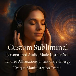May include: A woman wearing black headphones, eyes closed, with text that reads "Custom Subliminal, Personalized Audio Made Just for You, Tailored Affirmations, Intentions & Energy, Unique Manifestation Track" against a dark background with swirling orange and blue light.
