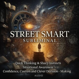 May include: An artistic digital image with the words "STREET SMART SUBLIMINAL" in white. The image features a clock, a person standing on books, and text that reads "Quick Thinking & Sharp Instincts, Situational Awareness, Confidence, Caution and Clever Decision - Making, AUDIO."