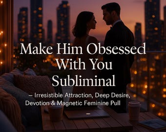 May include: Image features a couple silhouetted against a city skyline at dusk. Text overlay reads "Make Him Obsessed With You Subliminal" with additional text: "Irresistible Attraction, Deep Desire, Devotion & Magnetic Feminine Pull."