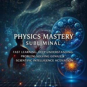 May include: Digital art featuring the text "PHYSICS MASTERY SUBLIMINAL" with a person reaching towards a swirling galaxy. The image includes text about fast learning, deep understanding, and scientific intelligence activation. Spherical orbs with scientific illustrations are also present.