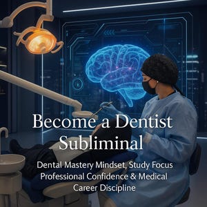 May include: An image of a dentist performing a procedure on a patient. The text "Become a Dentist Subliminal" is displayed, along with supporting text about dental mastery, study focus, and career discipline. A glowing brain graphic is in the background.