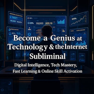 Op de afbeelding: Een persoon voor een reeks oplichtende blauwe computerschermen met gegevens en de tekst "Become a Genius at Technology & the Internet Subliminal." Extra tekst bevat "Digital Intelligence, Tech Mastery, Fast Learning & Online Skill Activation."