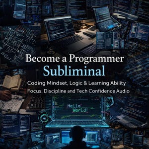 May include: Image promoting programming skills with the text "Become a Programmer Subliminal." The image features multiple computer screens displaying code, with the words "Hello World!" on one screen. The image also includes text about coding mindset and learning ability.