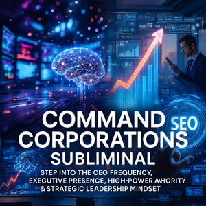 Può includere: Grafica digitale con il testo "COMMAND CORPORATIONS SUBLIMINAL" e "SEO". È presente una grafica del cervello luminoso, insieme a una freccia ascendente e una persona che guarda un telefono. Il testo include anche "STEP INTO THE CEO FREQUENCY, EXECUTIVE PRESENCE, HIGH-POWER AHORITY & STRATEGIC LEADERSHIP MINDSET."