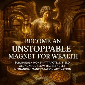 May include: A digital art image features a golden angel holding a lantern, with text that reads "BECOME AN UNSTOPPABLE MAGNET FOR WEALTH." The image includes stacks of money, bags of gold coins, and additional text about money attraction and financial manifestation.